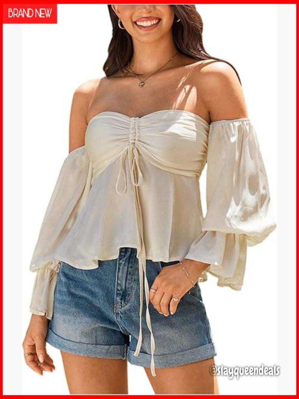Long Sleeve Off Shoulder Blouse Ruched Babydoll Top Polyester